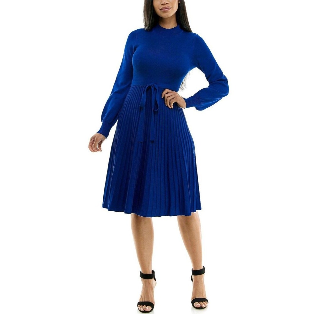 Nina Leonard Knit Puff Sleeve Pleated Midi Dress Cobalt Blue Old Money Modest XL